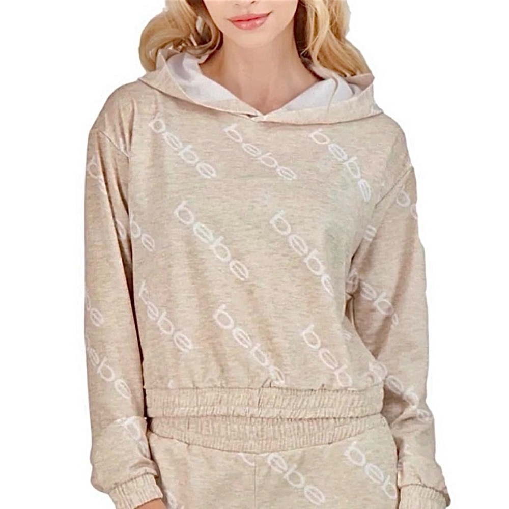 BEBE MSRP $70 Logo Printed Cropped Pullover Hoodie in Beige/White